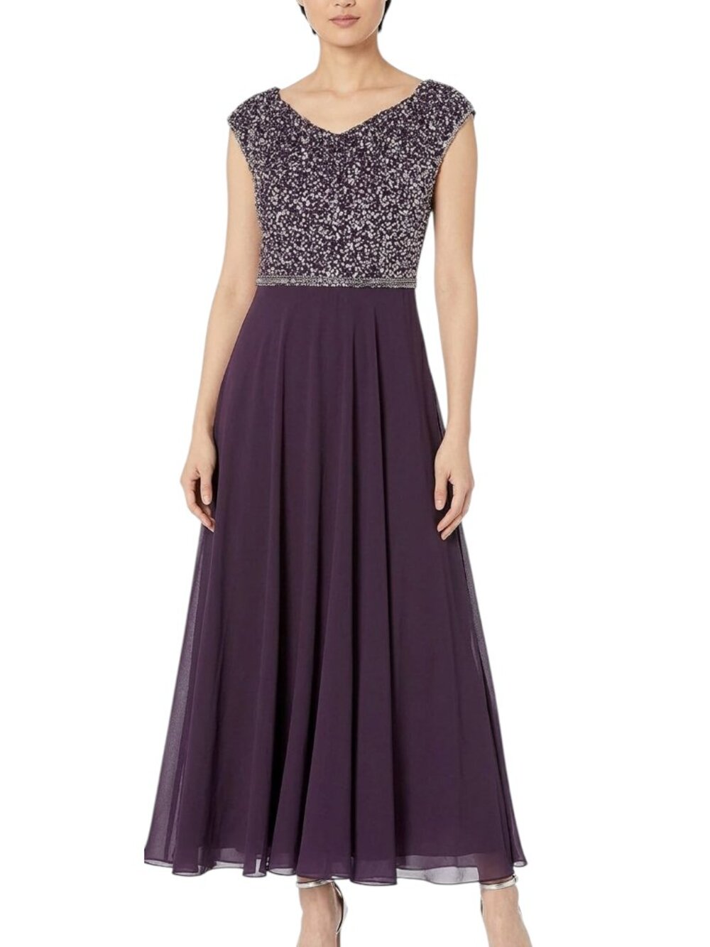 J Kara Women's Beaded Empire Waist Gown, 10P, Plum, Formal, Wedding Guest, NWT
